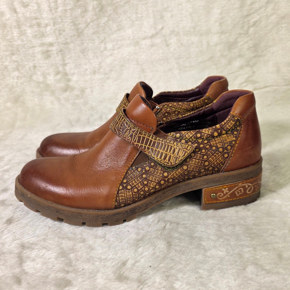 Spring Step L'Artiste Shooties Loafer Boot Brown Leather Embossed Womens 38 7.5